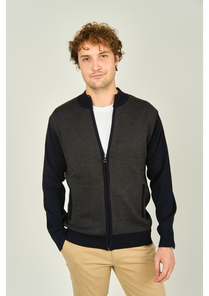 Erkek Fermuarlı Cep Detaylı Hakim Yaka Yün Hırka 4491 Lacivert