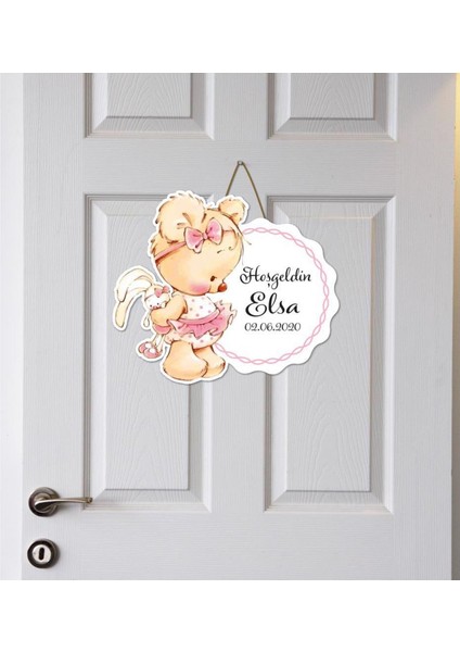 Tavşancık Tutan Minik Ayıcık Temalı Kişiye Özel Kapı Süsü