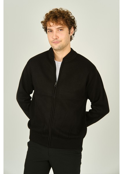 Erkek Fermuarlı Çift Cepli Hakim Yaka Triko Yün Mont 9040 Siyah