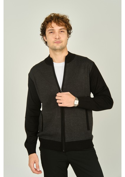 Erkek Fermuarlı Cep Detaylı Hakim Yaka Yün Hırka 4491 Siyah