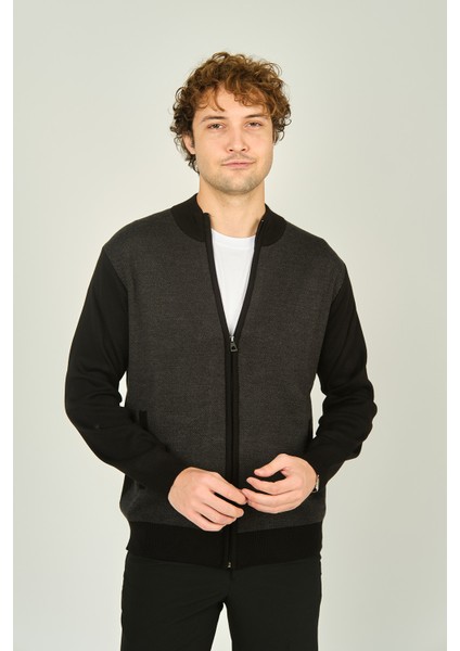 Erkek Fermuarlı Cep Detaylı Hakim Yaka Yün Hırka 4491 Siyah modelleri