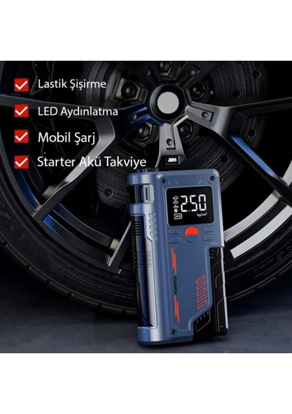 120W 4in1 Akü STARTER,150PSI Lastik Pompası, 8000MAH Powerbank ve LED Işıklı Araç Acil Durum Seti