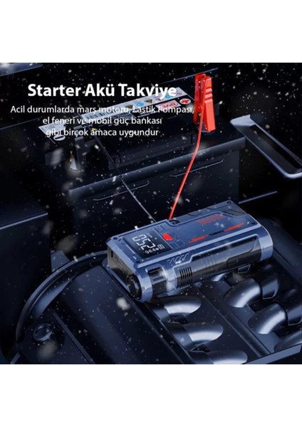 120W 4in1 Akü STARTER,150PSI Lastik Pompası, 8000MAH Powerbank ve LED Işıklı Araç Acil Durum Seti