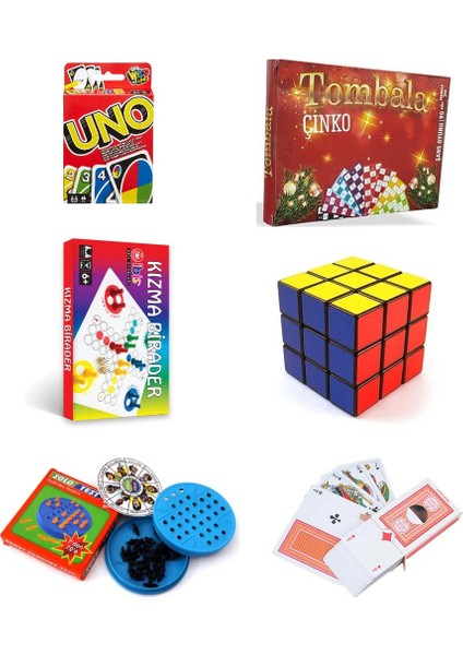 6'lı Oyun Seti(Uno, Solotest, Tombala, Kızma Birader, Zeka Küpü, Iskambil Kağıdı)