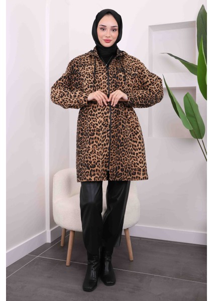 Camel Bel Büzgülü Kapüşonlu Leopar Trenç fiyatları