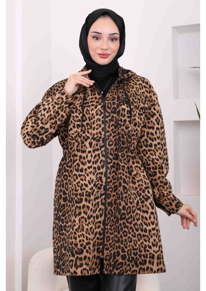 Camel Bel Büzgülü Kapüşonlu Leopar Trenç modelleri