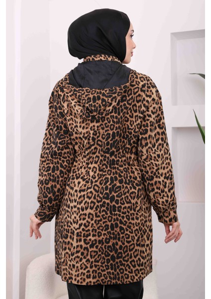 Camel Bel Büzgülü Kapüşonlu Leopar Trenç fırsatları