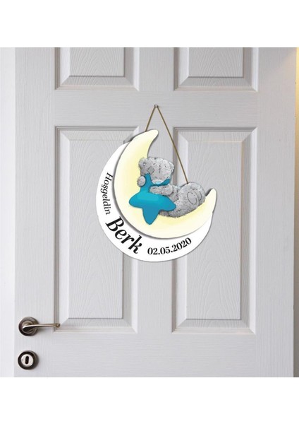 Yıldızı Kucaklayan Ayıcık Temalı Kişiye Özel Kapı Süsü