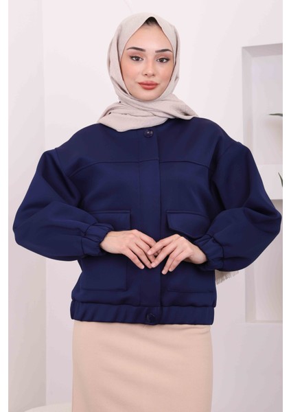 Lacivert Ön Fermuarlı Cepli Scuba Ceket