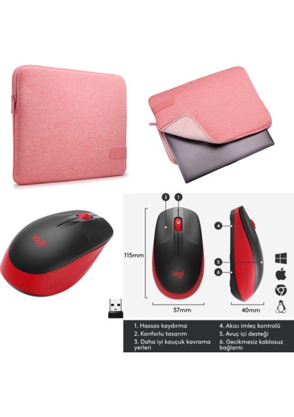 Case Logic Reflect Pembe 35,6 cm 14 Inç+Logitech M191 Siyah Kırmızı Mouse Set