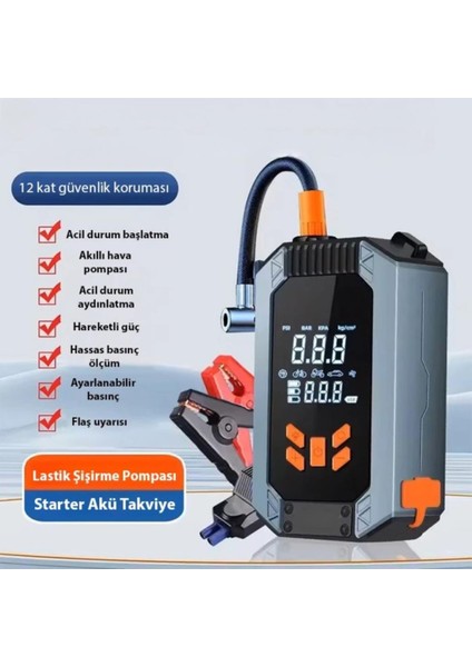 150W 4in1 Akü STARTER,150PSI Lastik Pompası, 8000MAH Powerbank ve LED Işıklı Araç Acil Durum Seti