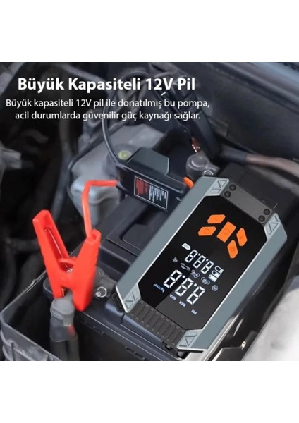 150W 4in1 Akü STARTER,150PSI Lastik Pompası, 8000MAH Powerbank ve LED Işıklı Araç Acil Durum Seti