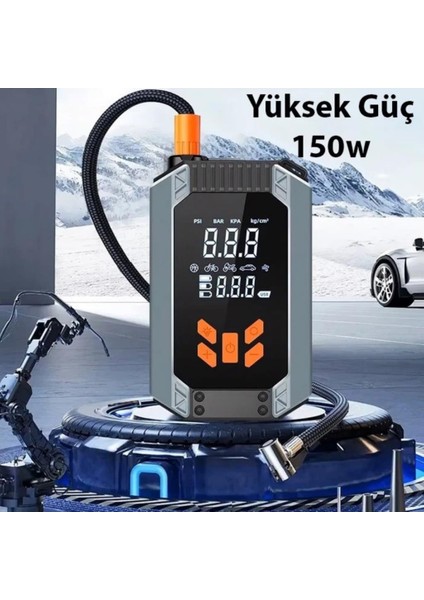 150W 4in1 Akü STARTER,150PSI Lastik Pompası, 8000MAH Powerbank ve LED Işıklı Araç Acil Durum Seti