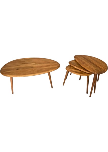 Asimetrik Masif Ahşap Orta Sehpa ve 3'lü Zigon / 2'li Zigon Sehpa Seti, Modern Masif Ahşap Sehpa Seti Meşe / Ceviz / Antrasit