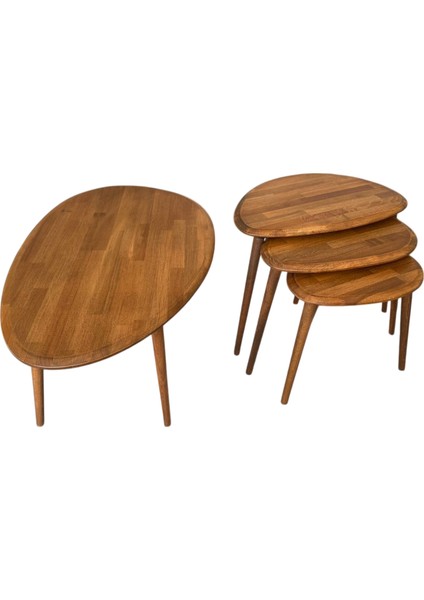 Asimetrik Masif Ahşap Orta Sehpa ve 3'lü Zigon / 2'li Zigon Sehpa Seti, Modern Masif Ahşap Sehpa Seti Meşe / Ceviz / Antrasit modelleri