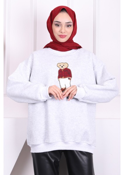 Gri Nakış İşlemeli Üç İplik Sweat