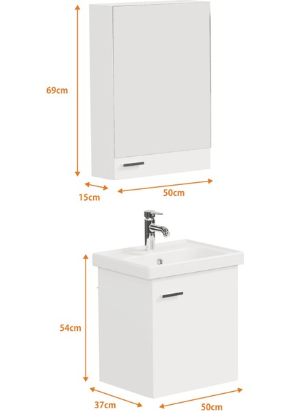 Basic Alt Dolap + Üst Dolap -Lavabo Dahil-Beyaz ,50 Cm. 3 Parça