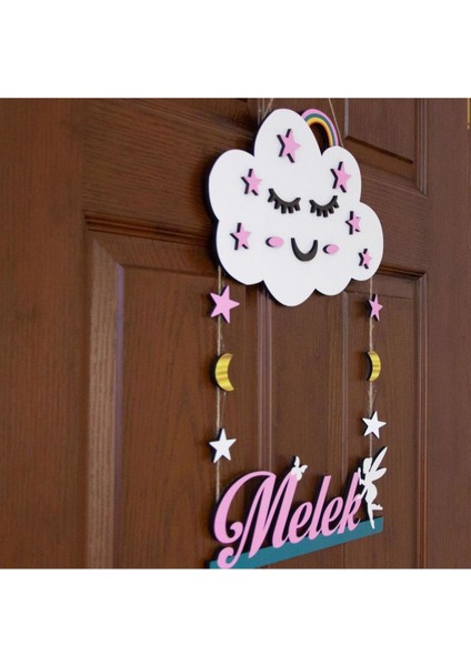 Gülümseyen Pembe Bulut ve Peri Kızı Temalı Kişiye Özel Kapı Süsü