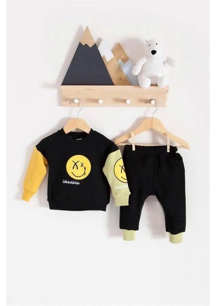 Erkek Bebek Emoji Baskılı Takım Siyah
