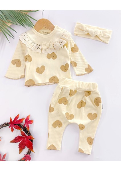 Kalp Baskılı Fisto Yaka 3 Parça Kız Bebek Takımı Krem