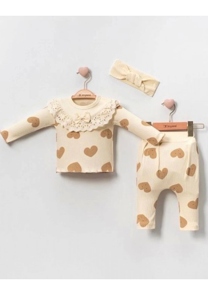 Kalp Baskılı Fisto Yaka 3 Parça Kız Bebek Takımı Krem fiyatları
