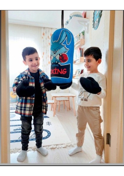 Çocuk Boks Torbası Eldiven Hediyeli Çocuklar Için Eğlenceli Evde Boks Mavi
