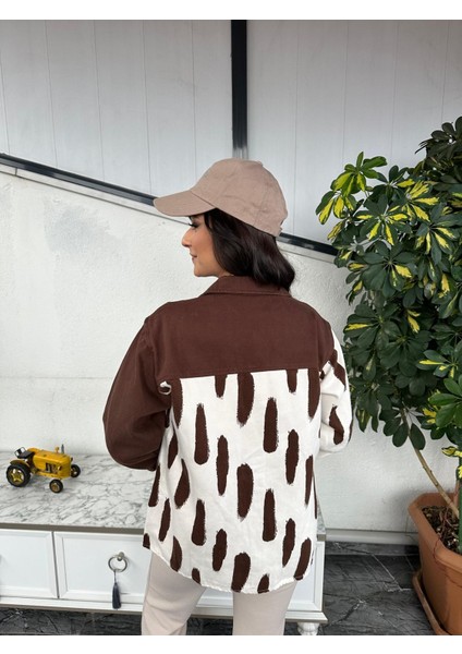 Kadın Oversize Fit Gabardin Zebra Desenli Uzun Kollu Pamuk Gömlek,ceket , Desenli Çıtçıt Detaylı Cepli Şık Oduncu Gömlek