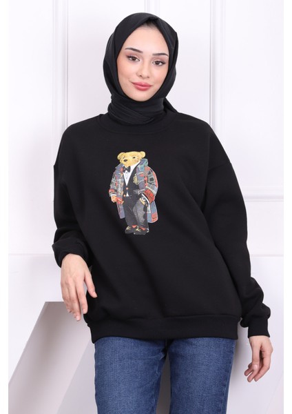 Siyah Ön Baskılı Üç İplik Sweat modelleri