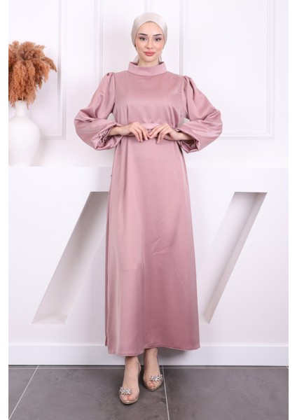 Gül Kurusu Hakim Yaka Balon Kol Saten Abiye Elbise