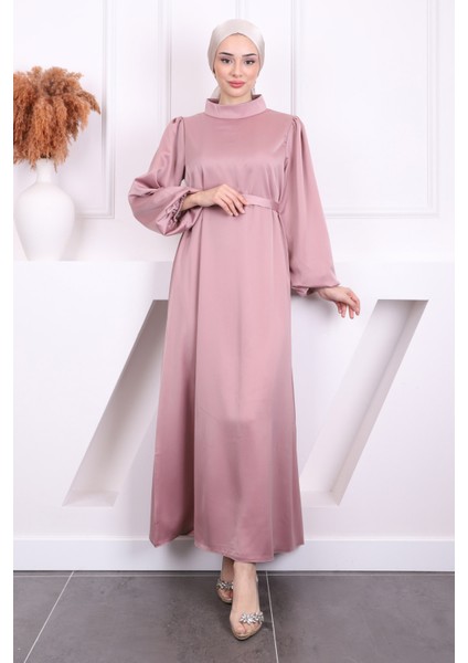 Gül Kurusu Hakim Yaka Balon Kol Saten Abiye Elbise fiyatları