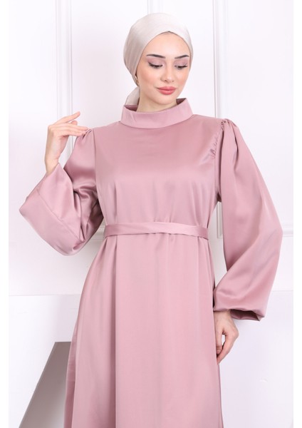 Gül Kurusu Hakim Yaka Balon Kol Saten Abiye Elbise modelleri