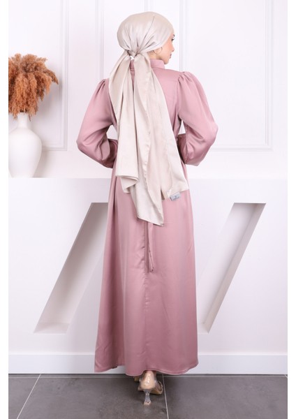 Gül Kurusu Hakim Yaka Balon Kol Saten Abiye Elbise fırsatları