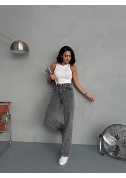 Kadın Punch Tasarım Wide Leg Jean Pantolon fiyatları