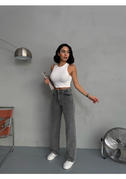 Kadın Punch Tasarım Wide Leg Jean Pantolon fırsatları