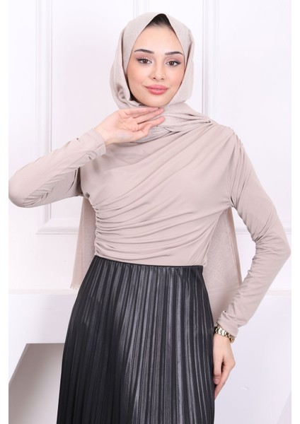 Koyu Bej Balıkçı Yaka Drapeli Sandy Bluz modelleri