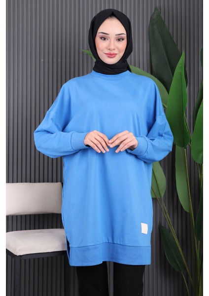 Indigo Bisiklet Yaka Yan Yırtmaçlı Sweat