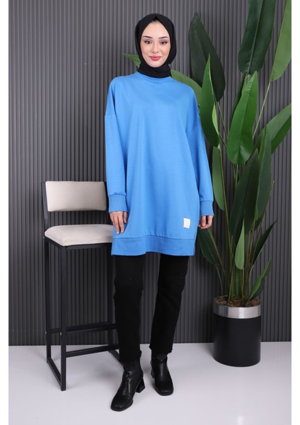 Indigo Bisiklet Yaka Yan Yırtmaçlı Sweat