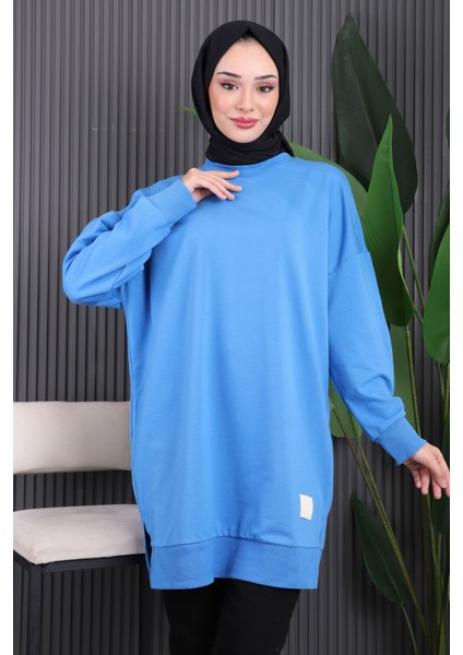 Indigo Bisiklet Yaka Yan Yırtmaçlı Sweat