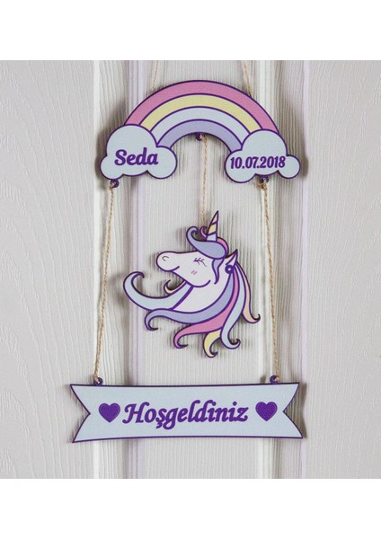 Isme Özel Unicorn Kız Bebek Ahşap Kapı Süsü