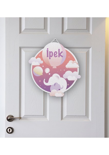 Isme Özel Fil ve Gökyüzü Temalı Çocuk Odası Kapı Süsü