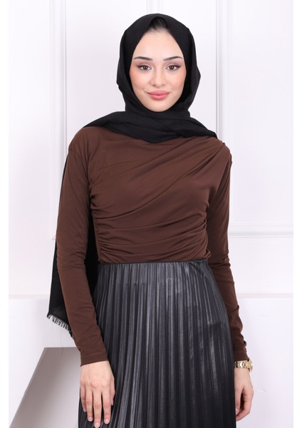 Kahverengi Balıkçı Yaka Drapeli Sandy Bluz