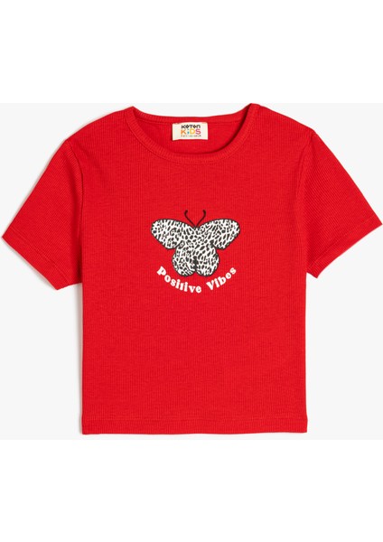 Pamuklu Kelebek Baskılı Bisiklet Yaka Kısa Kollu Crop Tişört