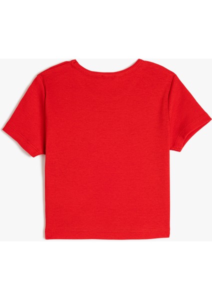 Pamuklu Kelebek Baskılı Bisiklet Yaka Kısa Kollu Crop Tişört fiyatları