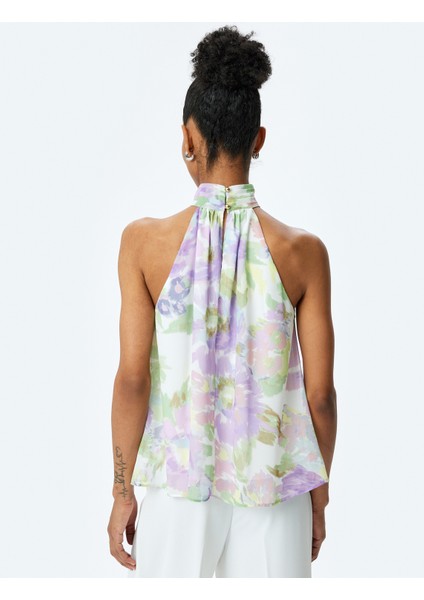Halter Yaka Çiçekli Şifon Bluz