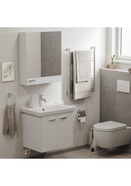 Basic Alt Dolap + Üst Dolap -Lavabo Dahil-Beyaz ,60 Cm. 3 Parça