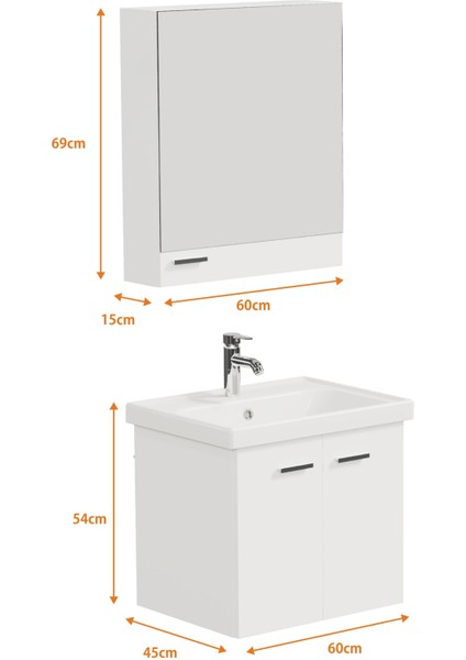 Basic Alt Dolap + Üst Dolap -Lavabo Dahil-Beyaz ,60 Cm. 3 Parça