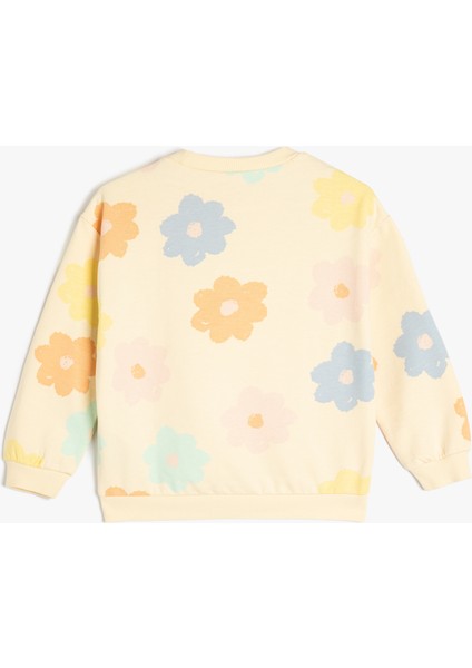 Pamuklu Çiçek Desenli Uzun Kollu Bisiklet Yaka Sweatshirt