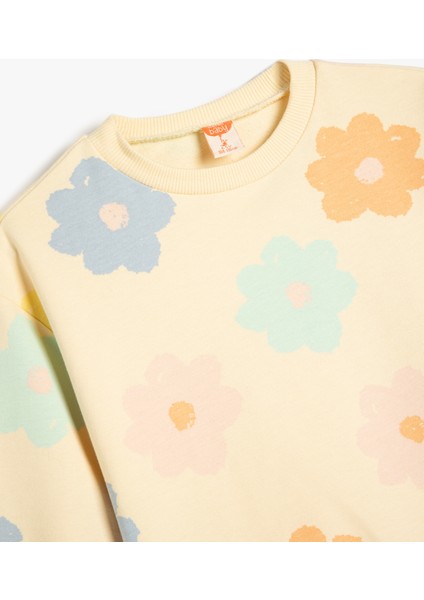 Pamuklu Çiçek Desenli Uzun Kollu Bisiklet Yaka Sweatshirt