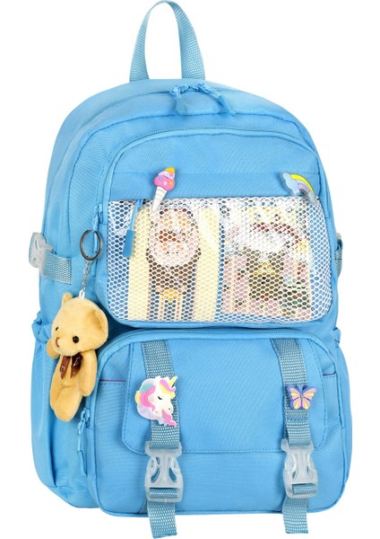 5 Cepli Kawaii Kore Tarzı Okul Çantası Aksesuarlı Kız Çocuk ve Erkek Çocuk Sırt Çantası Mavi