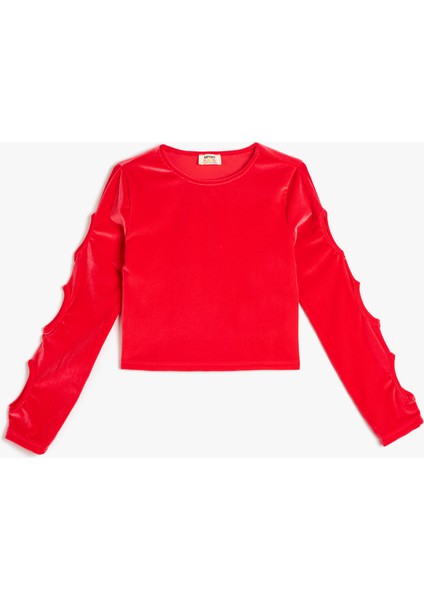 Uzun Kollu Bisiklet Yaka Pencere Detaylı Kadife Bluz